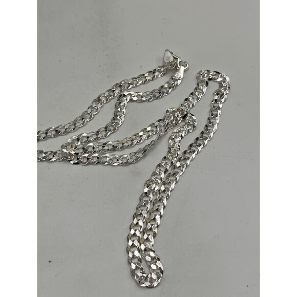 SJ 925 Italy Sterling Sterling Flat Cuban Link Diamond Etched Chain Necklace - Picture 9 of 11